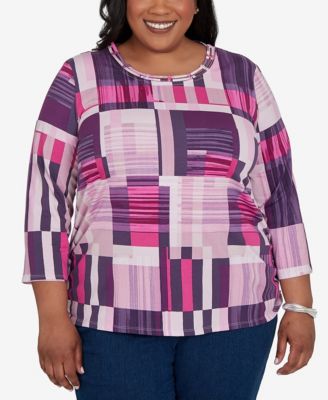 Alfred Dunner Plus Size Purple Bars Ruched Sides Top