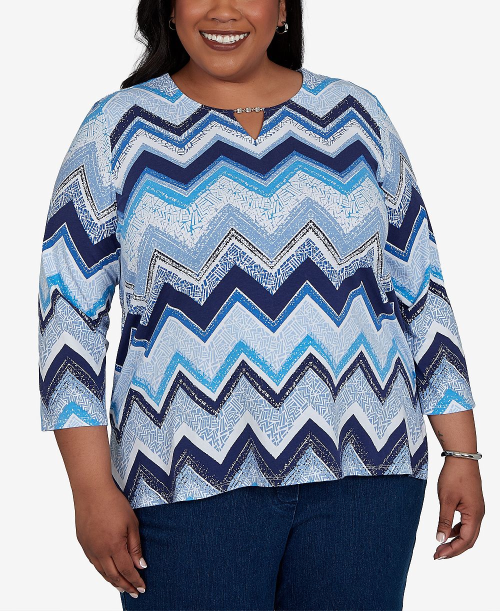Alfred Dunner Plus Size Chevron Blues Split Neck Top