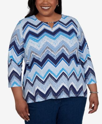 Alfred Dunner Plus Size Chevron Blues Split Neck Top