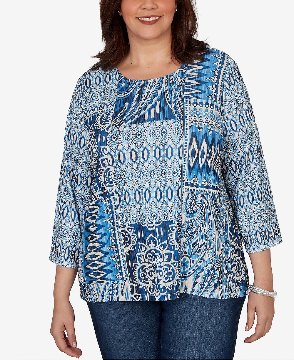 Женский топ Alfred Dunner Plus Size Medallion Navy Patchwork Knit Top