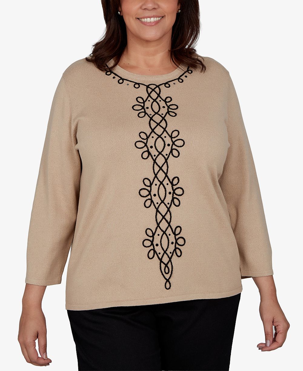 Alfred Dunner Plus Size Center Scroll Soutache Crewneck 3/4-Sleeve свитер