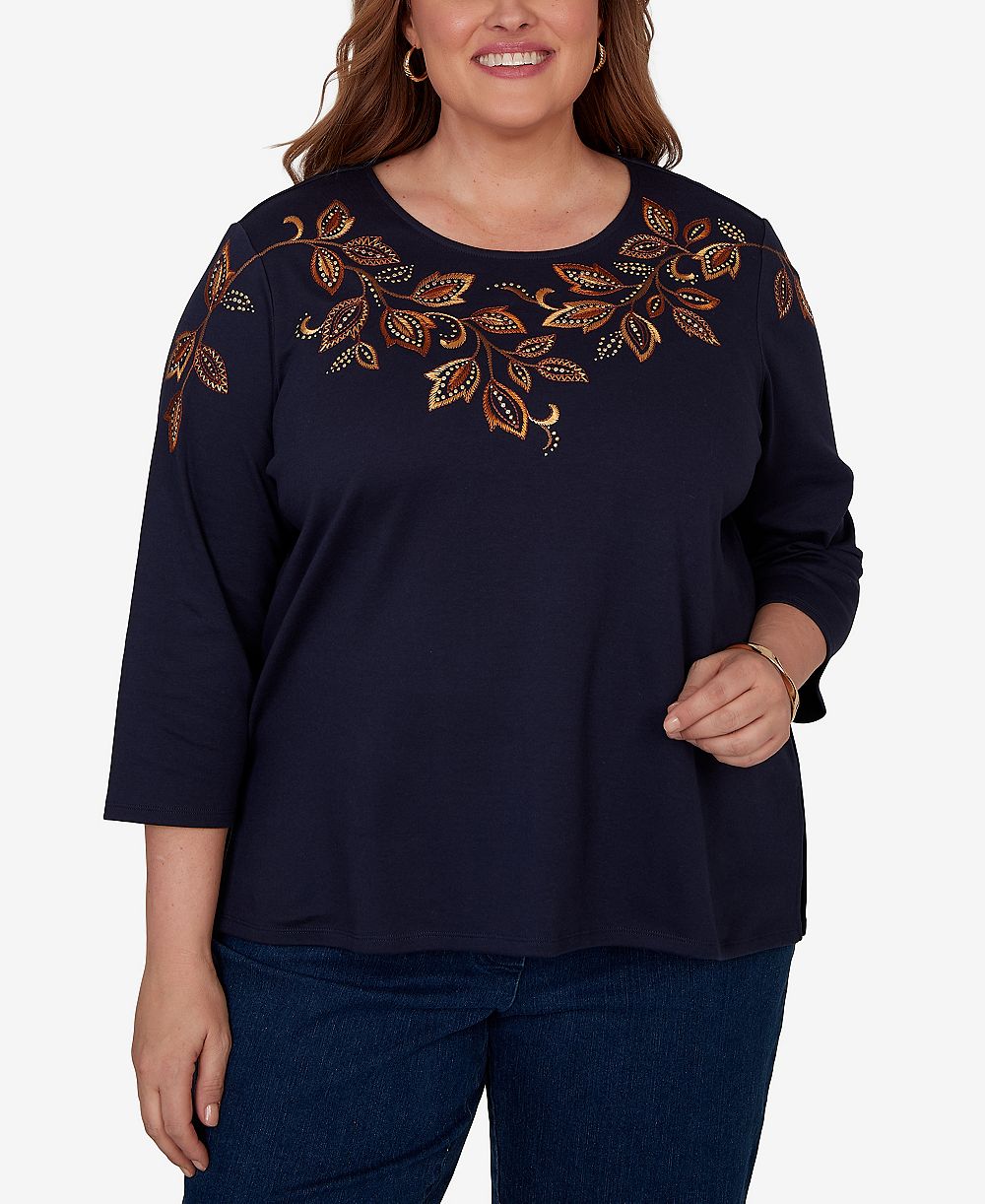 Alfred Dunner Plus Size Autumn Embroidered Navy Knit Top вязаный топ с вышивкой