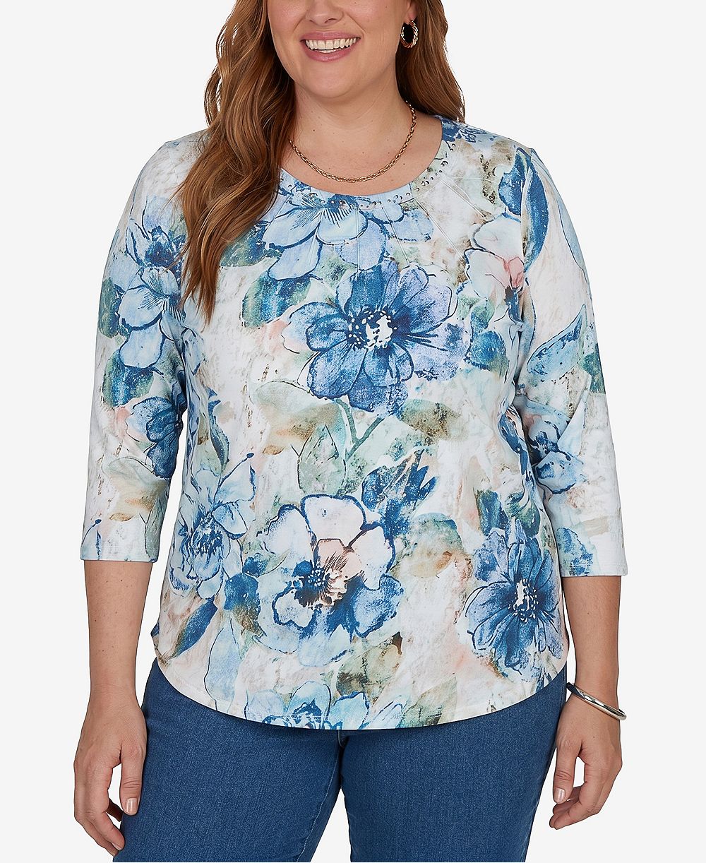 Alfred Dunner Plus Size Etched Florals 3/4-Sleeve Ruched T-Shirt