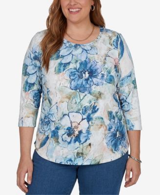 Alfred Dunner Plus Size футболка с вышивкой цветами и рукавом 3/4