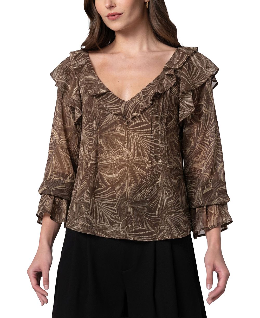Liverpool Los Angeles Women's Long-Sleeve Double-Ruffle V-Neck Blouse