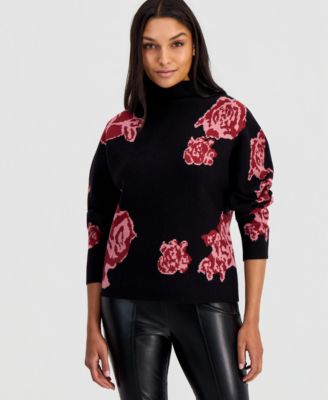 T Tahari Women's Floral Jacquard Funnel-Neck Dolman-Sleeve Sweater