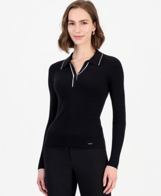T Tahari Women's Long-Sleeve Ribbed Polo Sweater