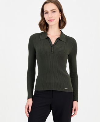 T Tahari Women's Long-Sleeve Ribbed Polo Sweater