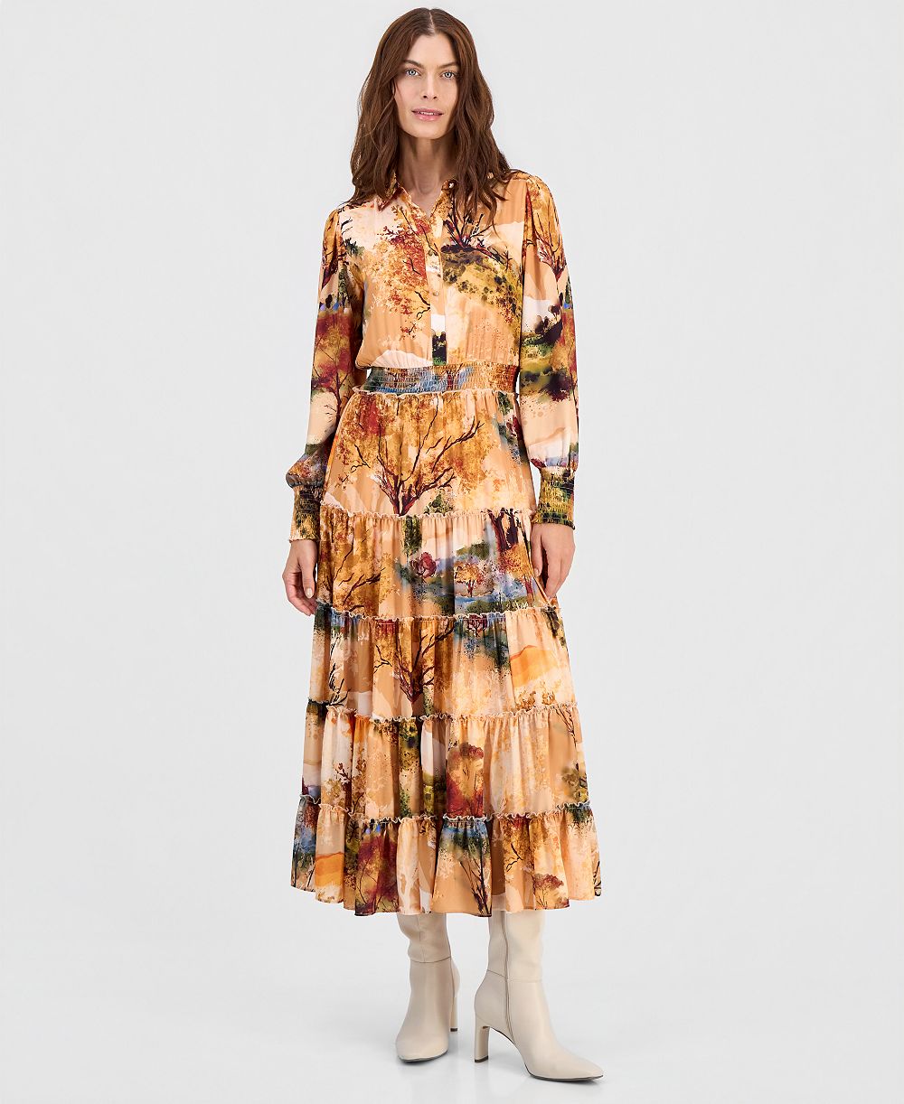 Женское платье T Tahari Printed Smocked-Waist Ruffle-Tiered