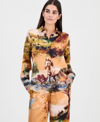 T Tahari Women's Printed Long-Sleeve Button-Down Blouse