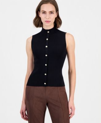 T Tahari Women's Sleeveless Ribbed Mock-Neck Sweater