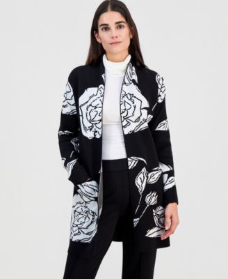 T Tahari Women's Floral-Jacquard Open-Front Cardigan