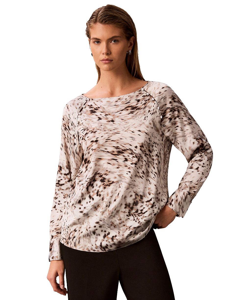 Calvin Klein Petite Boat Neck Button-Front Long-Raglan-Sleeve Blouse