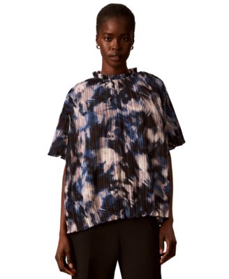 Calvin Klein Petite Printed Ruffle Collar Top