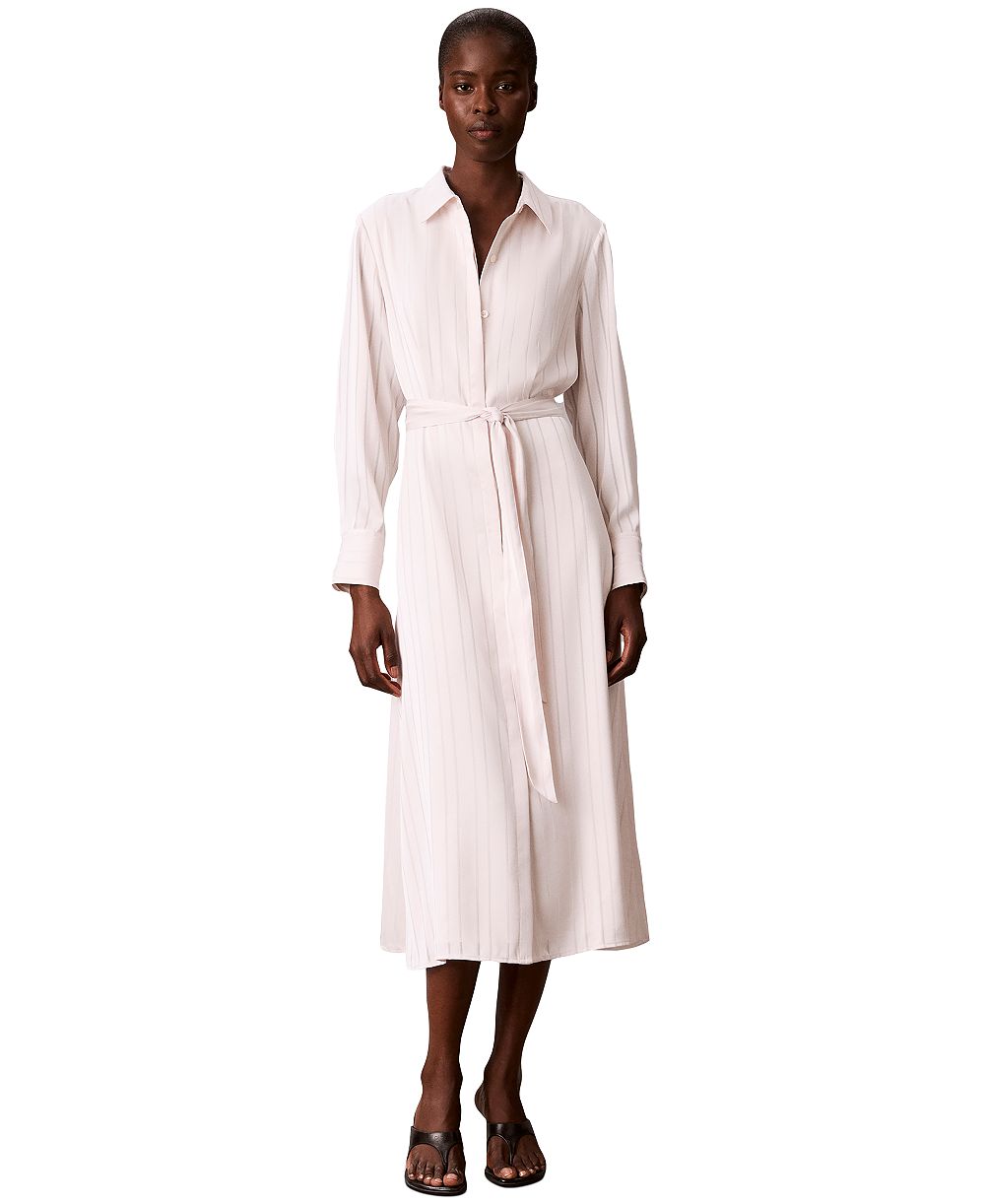 Calvin Klein petite Long-Sleeve Satin-Stripe Midi Shirt Dress
