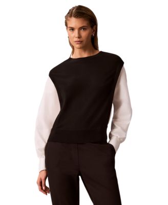 Calvin Klein Petite Crewneck Long-Sleeve Colorblock Sweater