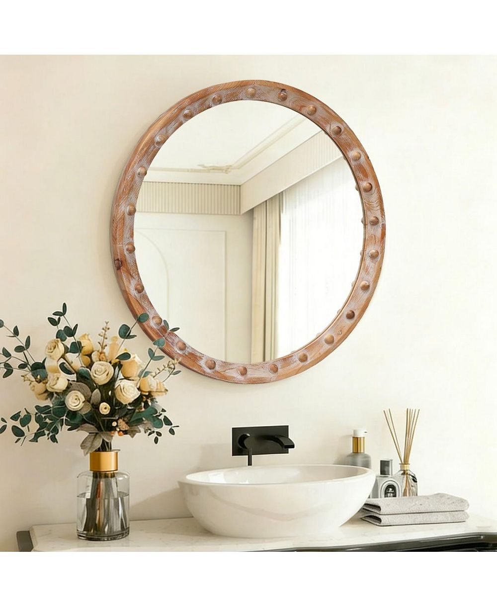LAOTIES 23.6" Rustic Round Accent Mirror with Distressed Frame and Rivet Design for Entryway, Living Room Decor