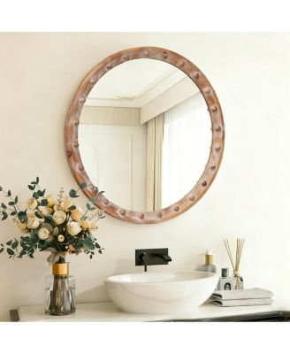 LAOTIES 23.6" Rustic Round Accent Mirror with Distressed Frame and Rivet Design for Entryway, Living Room Decor