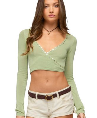 Edikted Women's Hyla Button Cropped Knit Wrap Top