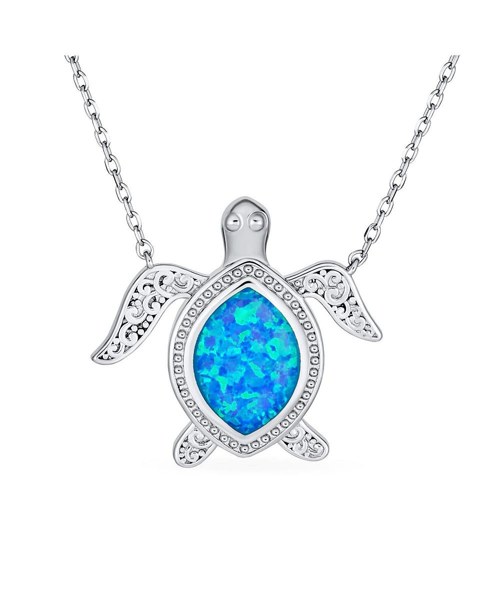Bling Jewelry Sea Turtle Pendant Necklace Created Opal Inlay Nautical .925 Sterling Silver