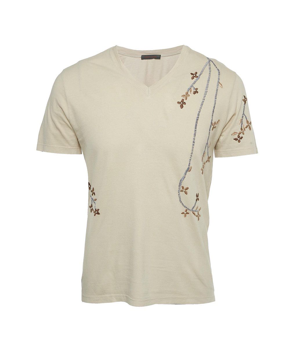 Pre-Owned Roberto Cavalli Men's Floral Embroidered Jersey V-Neck T-Shirt