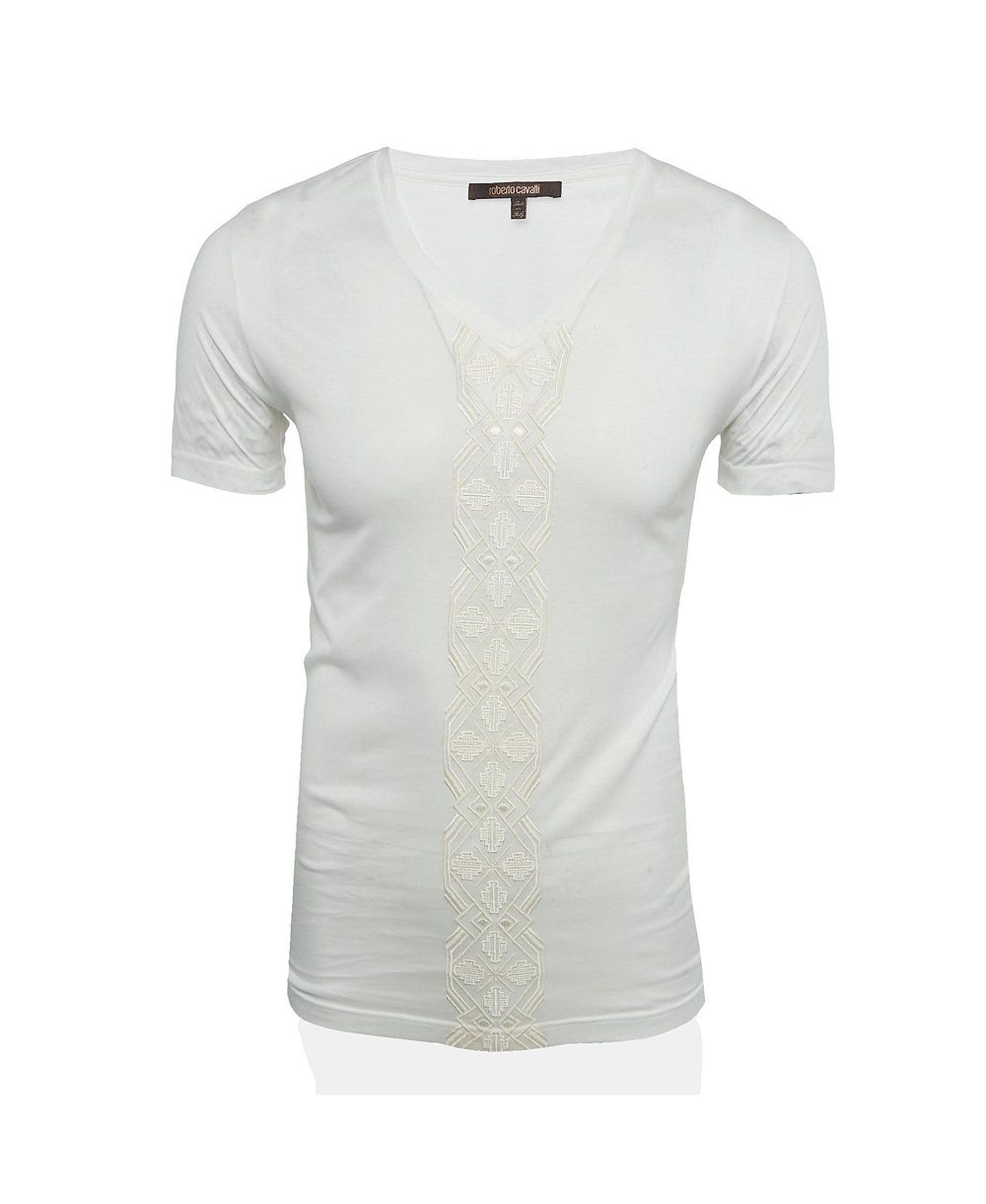 Pre-Owned Roberto Cavalli Men's Embroidered Jersey V-Neck T-Shirt