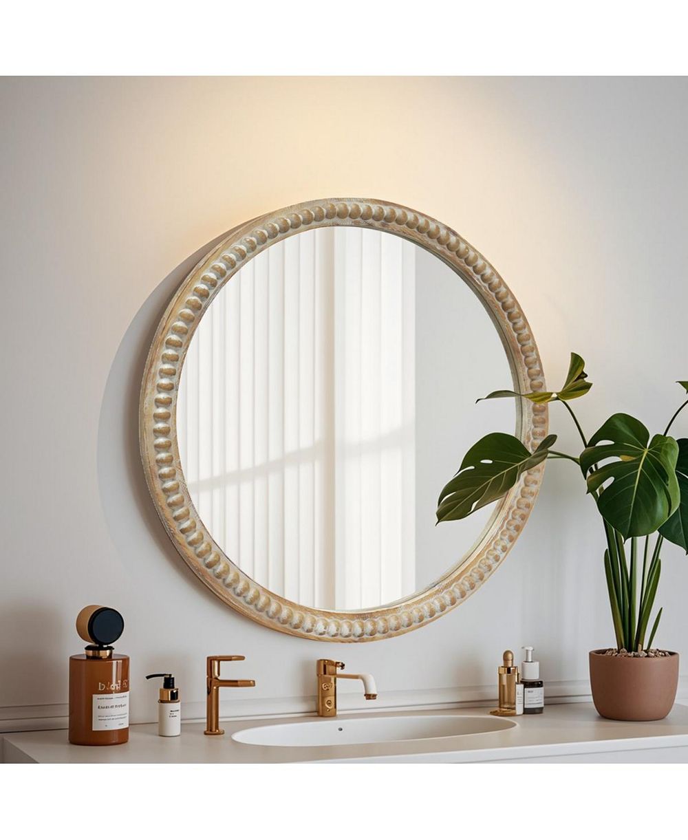 LAOTIES Modern Round Decorative Wall Mirror with Beaded Frame for Bathroom, Living Room, Entryway