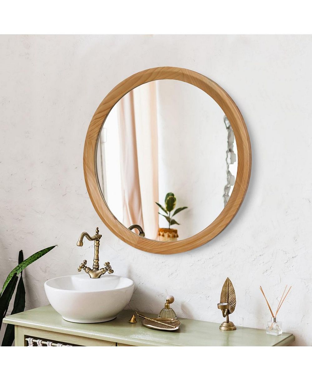 LAOTIES Round Bathroom Vanity Mirror with Natural Wood Frame for Bedroom, Entryway and Living Room