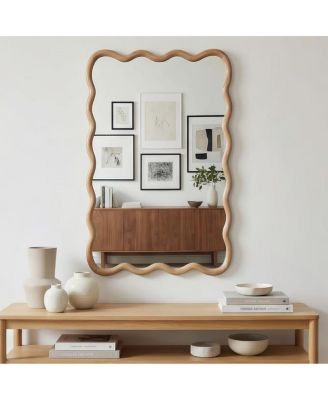 LAOTIES Wood Wall Mirror, Wavy Rectangle Bathroom Vanity Mirror for Entryway and Bedroom