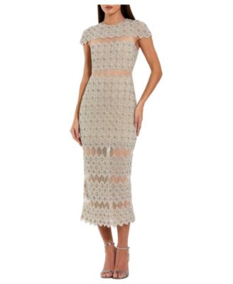 Mac Duggal Women's Beaded Mesh Sheath Midi Dress with Sheer Panels