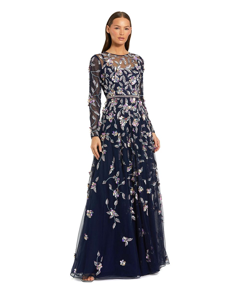 Платье Mac Duggal Petite Long Sleeve Mesh с бисерной цветочной аппликацией
