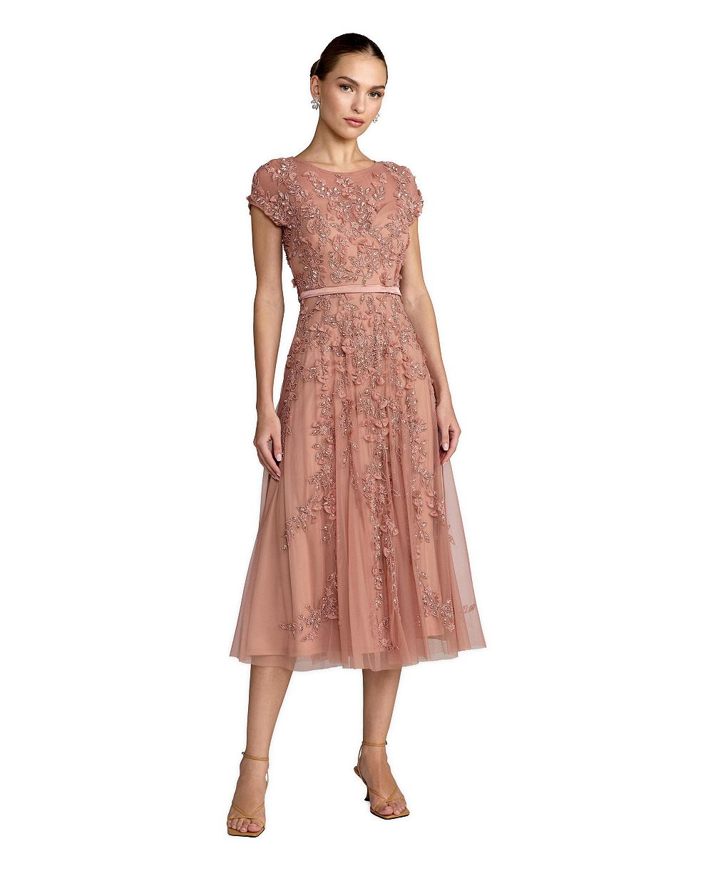 Женское миди-платье Mac Duggal Floral Embellished Cap Sleeve
