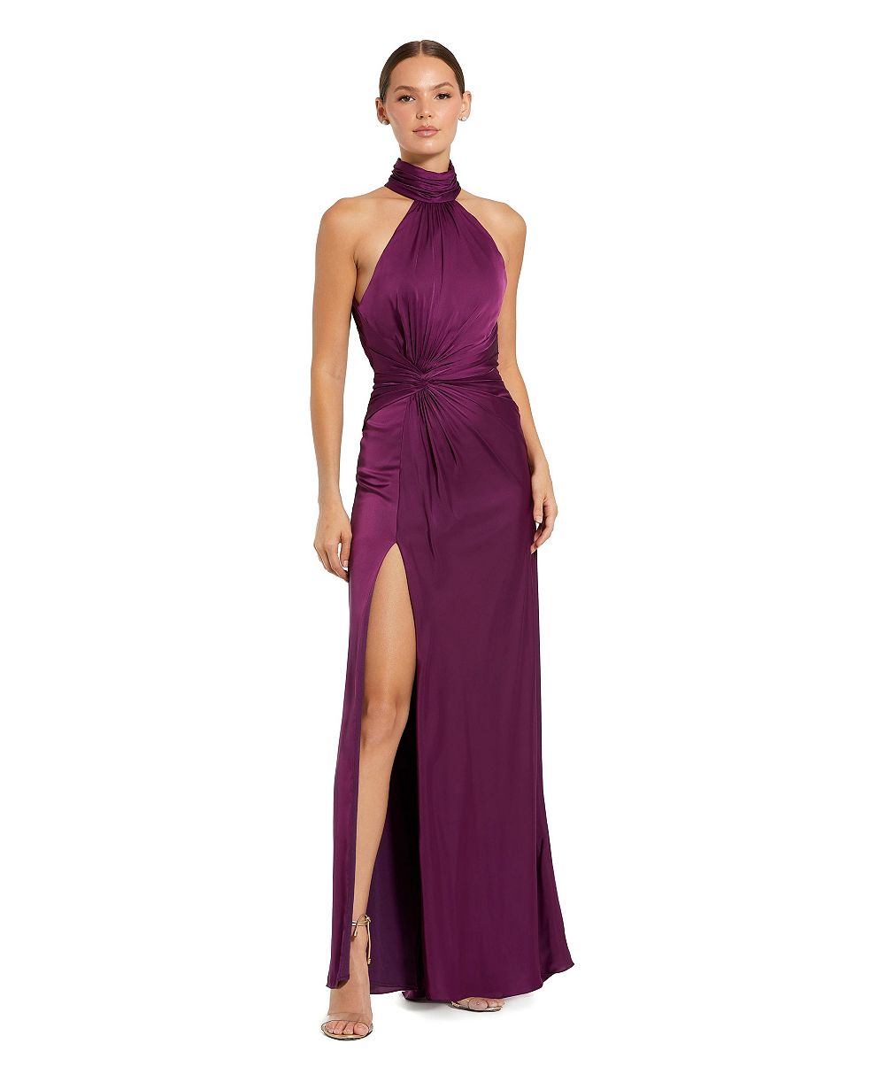 Mac Duggal Petite Open Back High Neck Side Ruched Gown