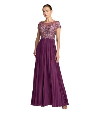 Mac Duggal Petite Embroidered Cap Sleeve High Neck Pleated Gown