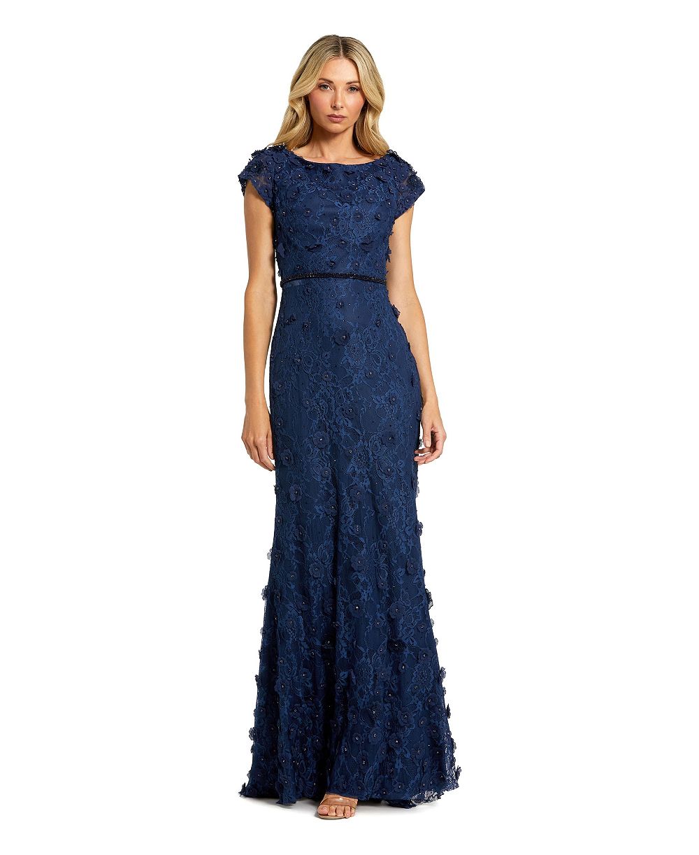 Женское платье Mac Duggal Petite Floral Applique Boat Neck Cap Sleeve