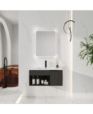 Sillysis Wall Mounted Bathroom Vanity with Ceramic Sink, Soft Close Door, Open Shelf Storage, Modern Design for Small Spaces