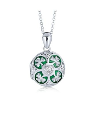 Bling Jewelry Celtic Lucky Clover Keepsake Photo Locket Necklace Round Lucky Enamel .925 Sterling Silver