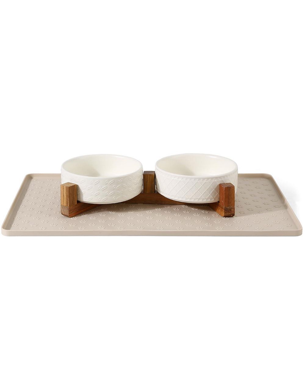 ARONKL Elevated Pet Feeder Set Ceramic Bowls Solid Wood Stand Silicone Mat Non Slip