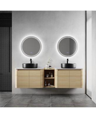 Sillysis 71 Inch Wall Mounted Double Bathroom Vanity with Stone Countertop, Ceramic Vessel Sinks, Storage Shelves for Modern Homes