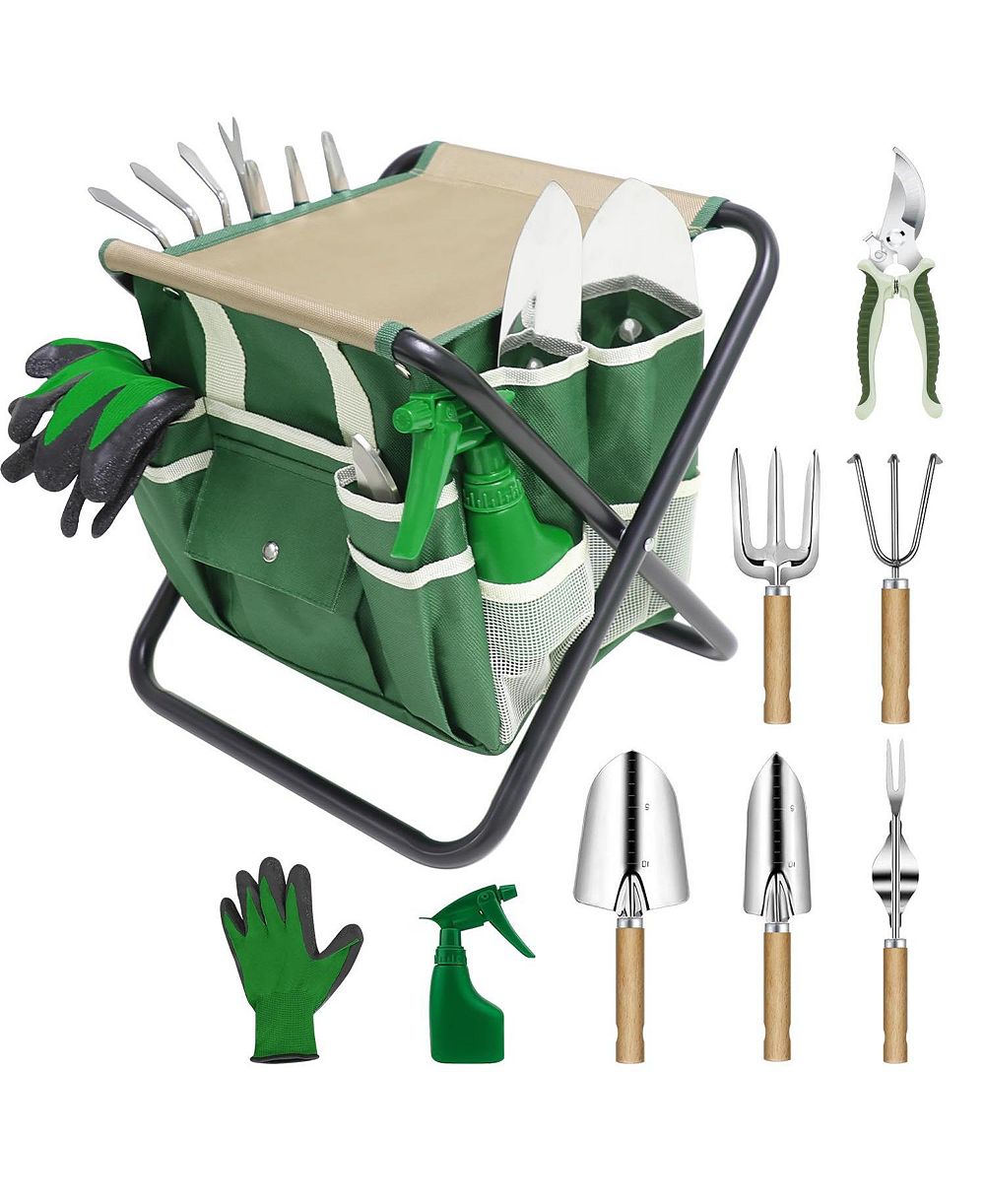 XDOVET 10-Piece Gardening Tool Set Includes Folding Stool, Storage Bag, and Stainless Steel Tools