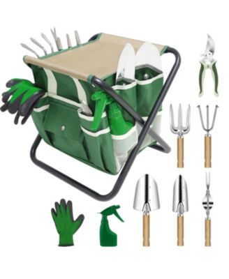 XDOVET 10-Piece Gardening Tool Set Includes Folding Stool, Storage Bag, and Stainless Steel Tools