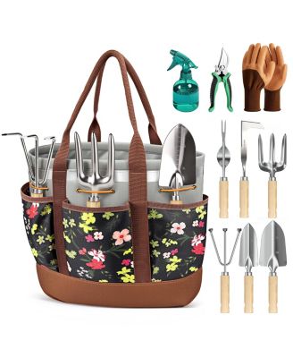 XDOVET Garden Tool Set Stainless Steel Ash Wood Handle Pruner Weeder Tote Bag