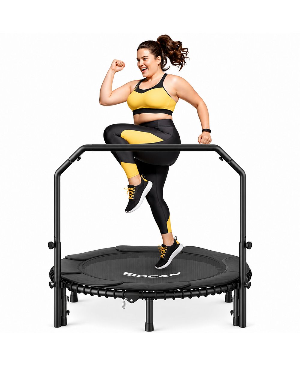 BCAN 2026 Upgraded Mini Rebounder Trampoline for Adults with Bar, Fitness Trampoline with Bungees, Adjustable Handle, 40/48 Inches