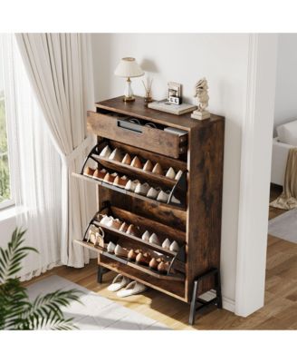 Homfan Modern Farmhouse Shoe Storage Cabinet, Flip Drawer Entryway Organizer with Adjustable Dividers and Metal Legs