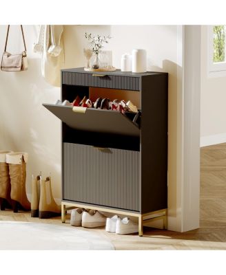 homfan Narrow Shoe Cabinet Storage for Entryway, Modern Fluted Shoe Rack Organizer with 2 Flip Drawers and An Open Shelf for Hallway, Living Room