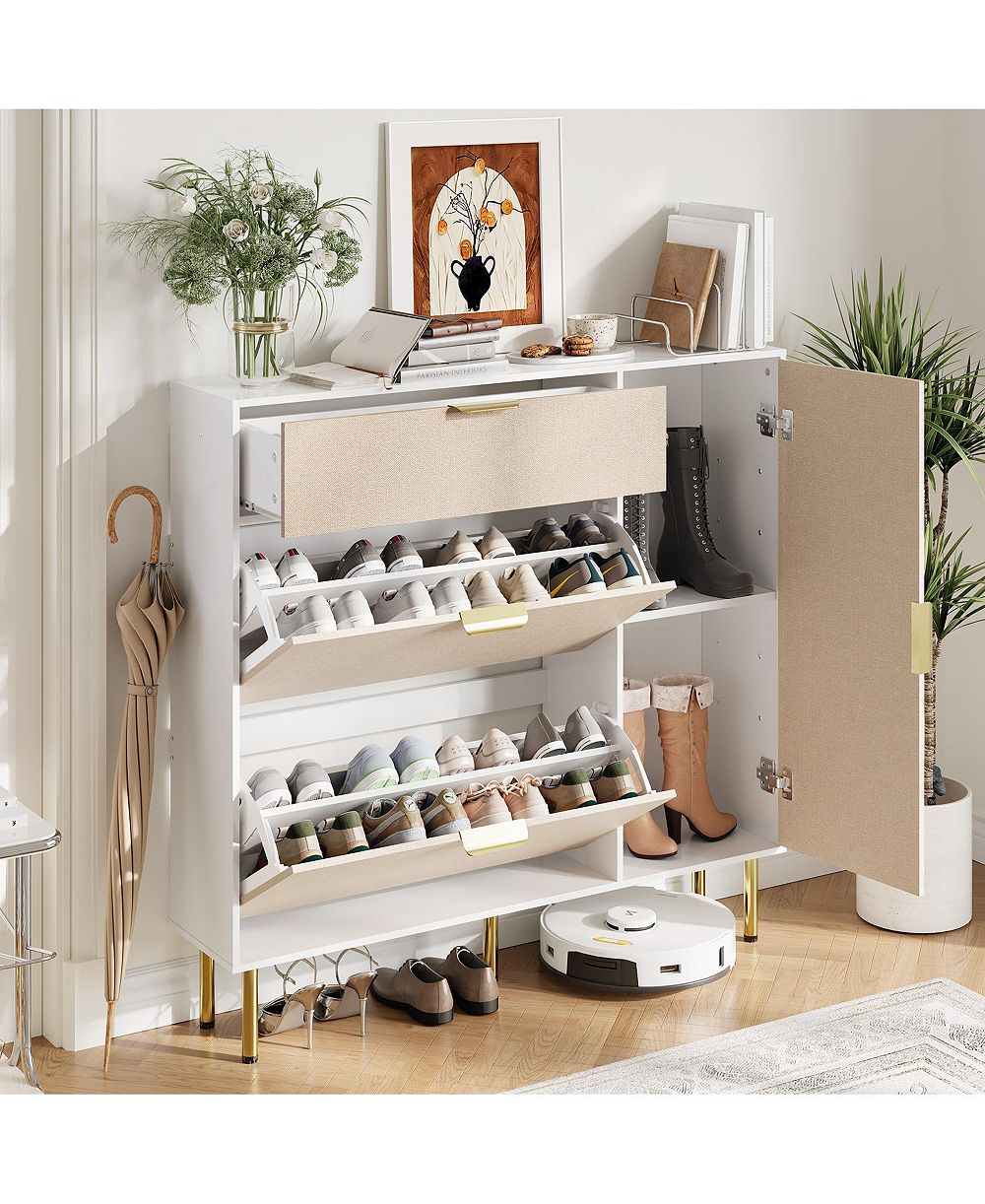 Homfan Shoe Storage 2 Flip Drawers, 1 Drawer, 1 Side Cabinet, Narrow Rack Metal Legs, Farmhouse Storage with Adjustable Shelves for Entryway