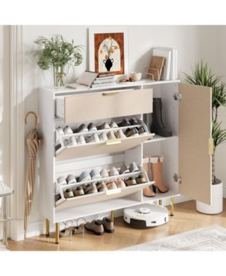 Homfan Shoe Storage 2 Flip Drawers, 1 Drawer, 1 Side Cabinet, Narrow Rack Metal Legs, Farmhouse Storage with Adjustable Shelves for Entryway