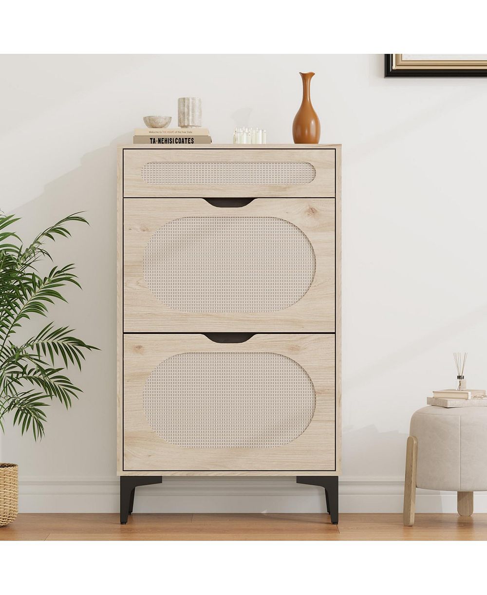 Homfan Slim Rattan Cabinet 2 Turn Over Drawers and 1 Pull-Out Drawer, Adjustable Shelves, Metal Legs, Entryway Storage for Small Spaces