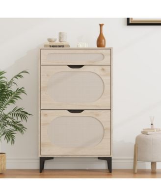 Homfan Slim Rattan Cabinet 2 Turn Over Drawers and 1 Pull-Out Drawer, Adjustable Shelves, Metal Legs, Entryway Storage for Small Spaces