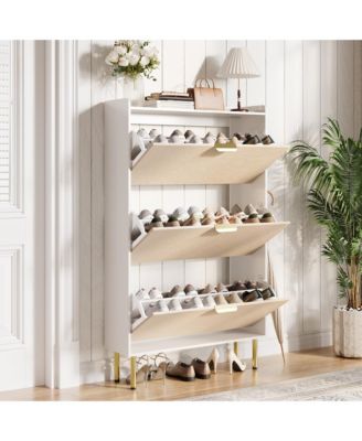 homfan Shoe Cabinet Organizer 3 Flip Drawers, Narrow Rack with Metal Legs, Farmhouse Slim Storage Adjustable Shelves for Entryway, Foyer, White